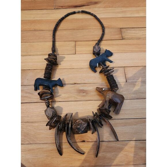 Safari Animal Necklace Wood Bead Carved Wooden African Handmade 14" Drop Vintage - Picture 2 of 6